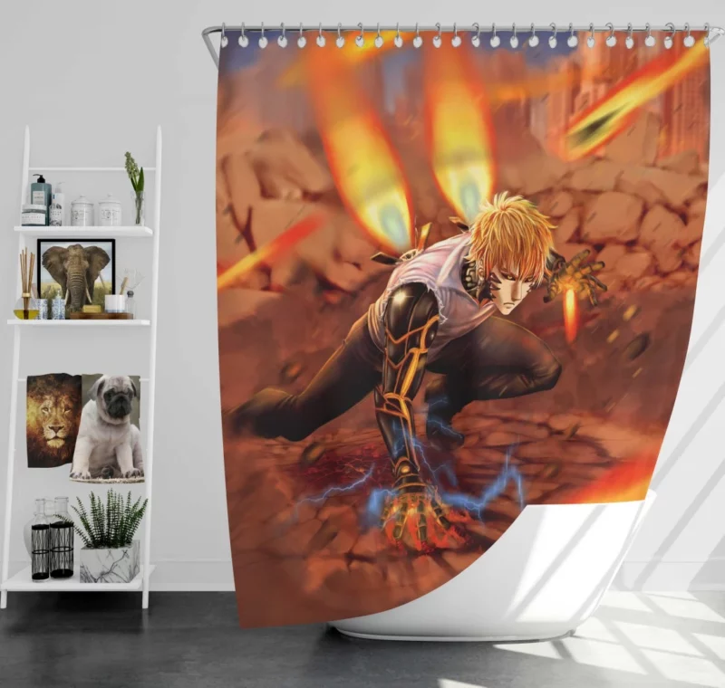 Genos Fiery Arsenal of One-Punch Man Anime Shower Curtain