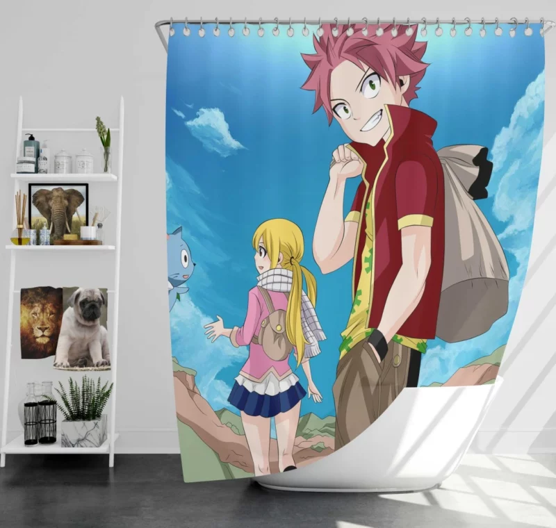 Natsu Lucy and Happy Dynamic Trio Anime Shower Curtain