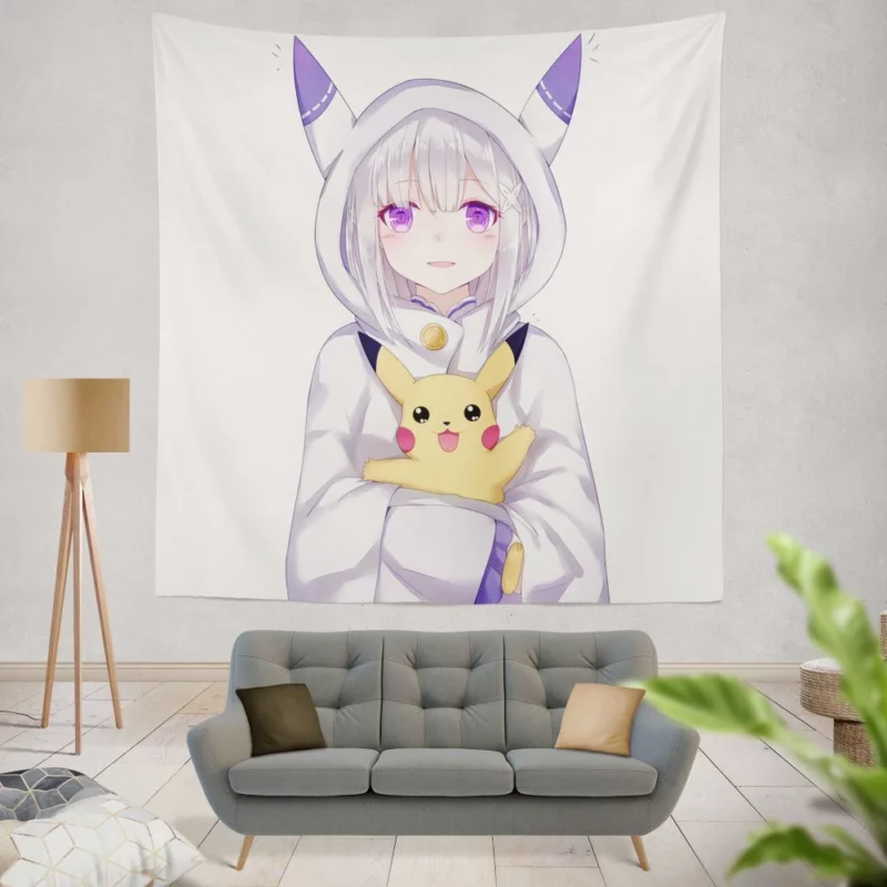 Crossover Charms Emilia and Pikachu Anime Wall Tapestry