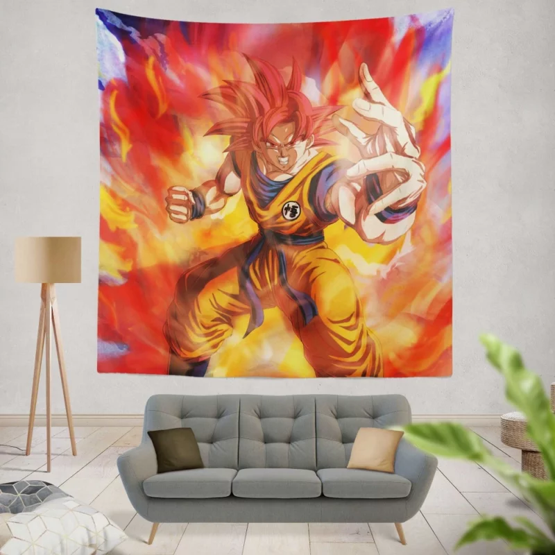 Goku SSJ God Form Radiant Power Anime Wall Tapestry
