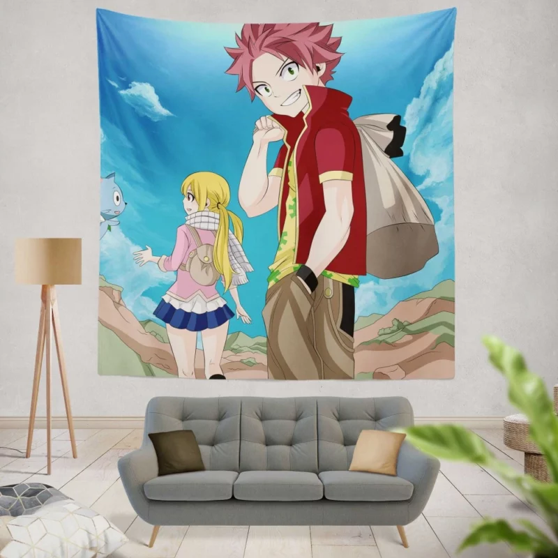 Natsu Lucy and Happy Dynamic Trio Anime Wall Tapestry
