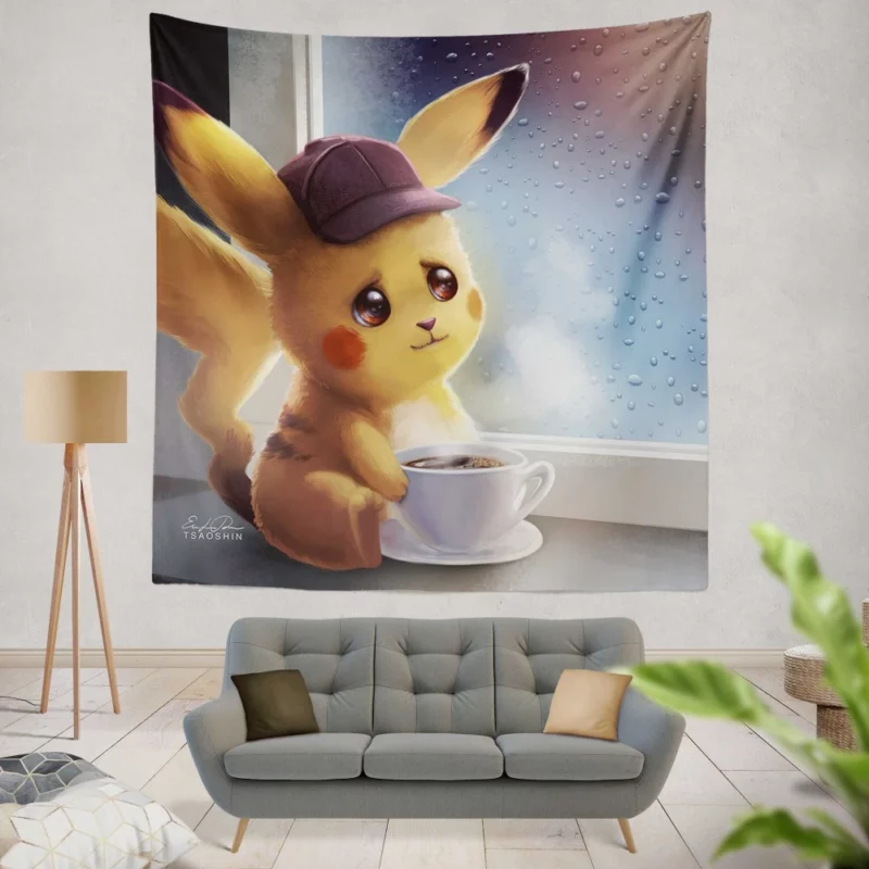 Pikachu Coffee Adventure Anime Wall Tapestry